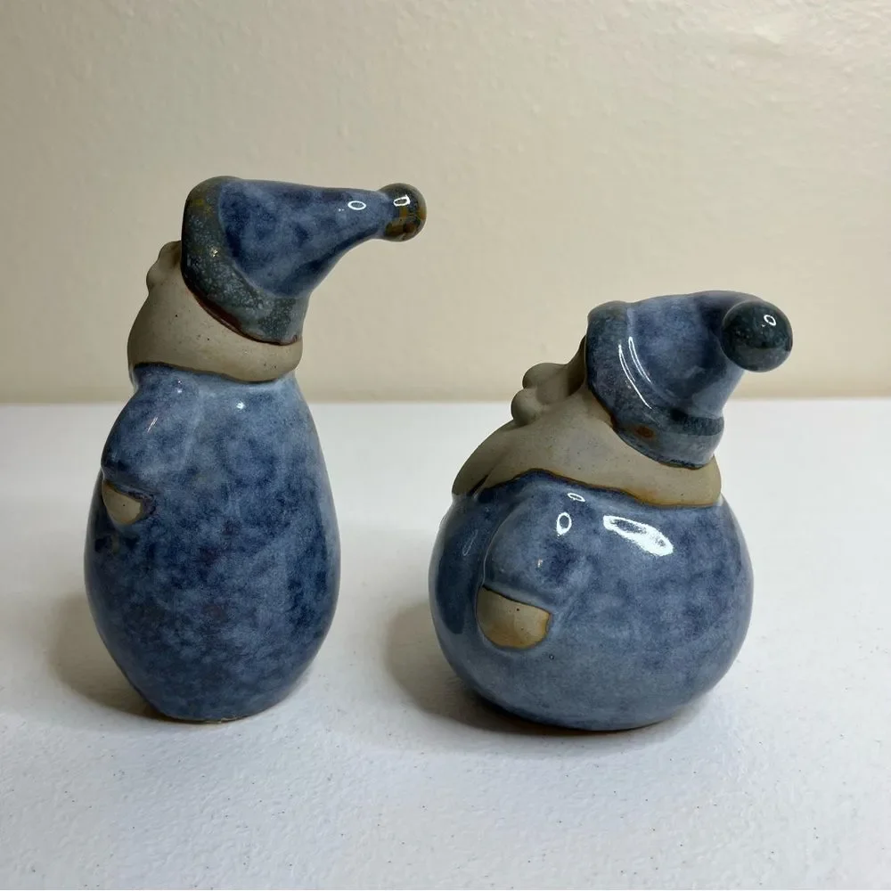 Pair Stoneware Pottery Santas Blue Coats Tall and Short Round Whimsical Folky